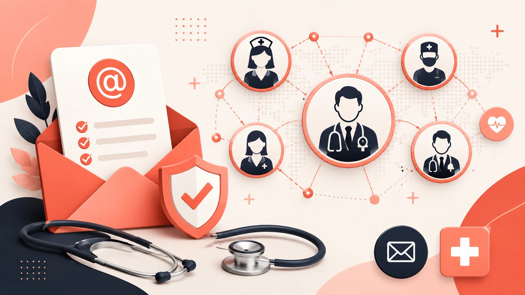 Featured illustration of a healthcare email list with verified doctor and nurse contacts, secure contact database, and healthcare professionals.