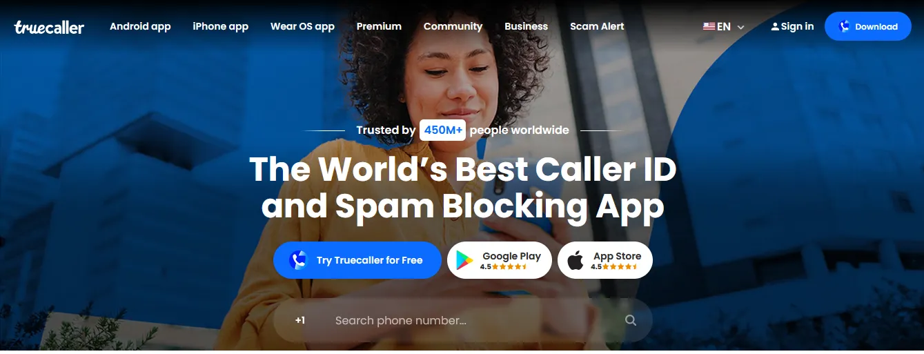 Truecaller home page screenshot claiming that it is the word's best caller ID and SPAM Blocking app
