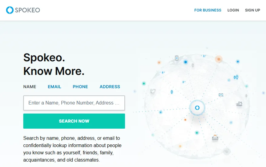 Spokeo home page showing Search by name, phone, address, or email to confidentially lookup information about people you know such as yourself, friends, family, acquaintances, and old classmates.