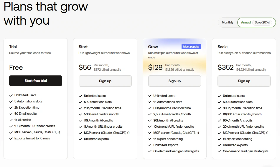 PhantomBuster official pricing page screenshot