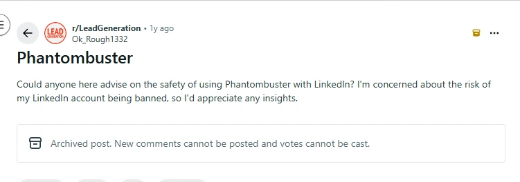 Reddit comment in r/LeadGeneration asking about PhantomBuster LinkedIn account ban safety