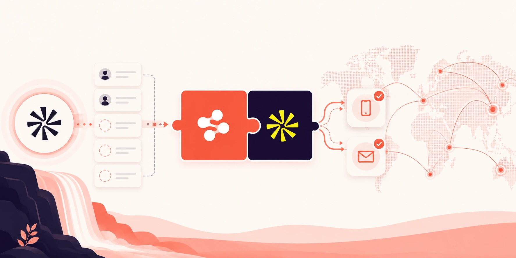Apollo and SMARTe integration illustration showing waterfall enrichment workflow where SMARTe fills missing mobile numbers and work emails
