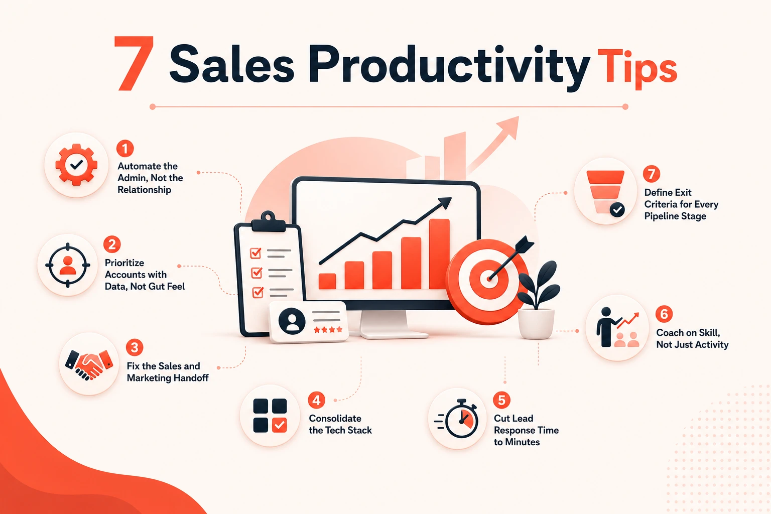 7 sales productivity tips infographic showing automation, account prioritization, sales and marketing alignment, tech stack optimization, faster lead response, sales coaching, and pipeline stage management.