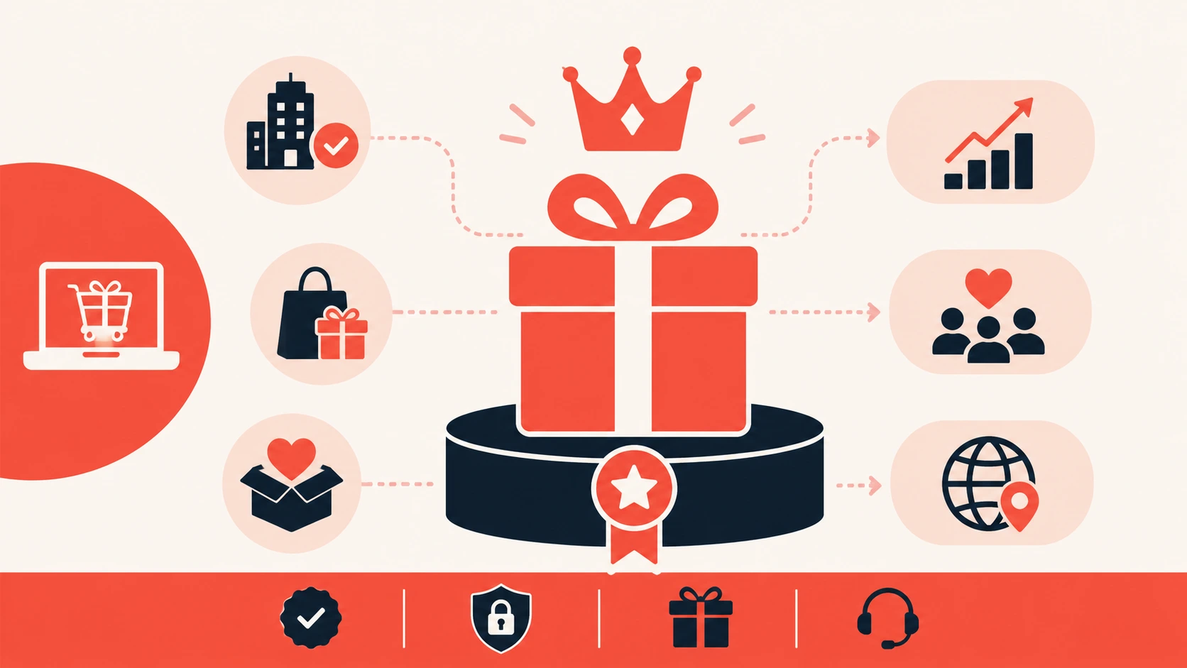 illustration representing the best corporate gifting platforms with a central gift box, online gifting, business partnerships, employee appreciation, global delivery, and growth icons.