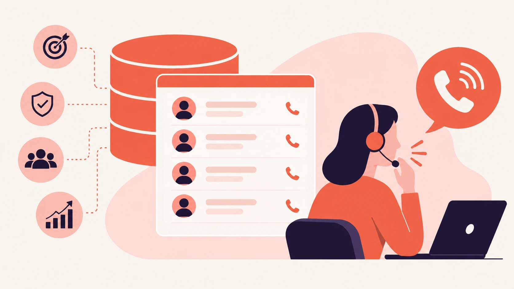 Illustration of a B2B cold calling database showing a verified contact database, prospect list, phone outreach, contact records, audience targeting, and secure sales intelligence for outbound prospecting.