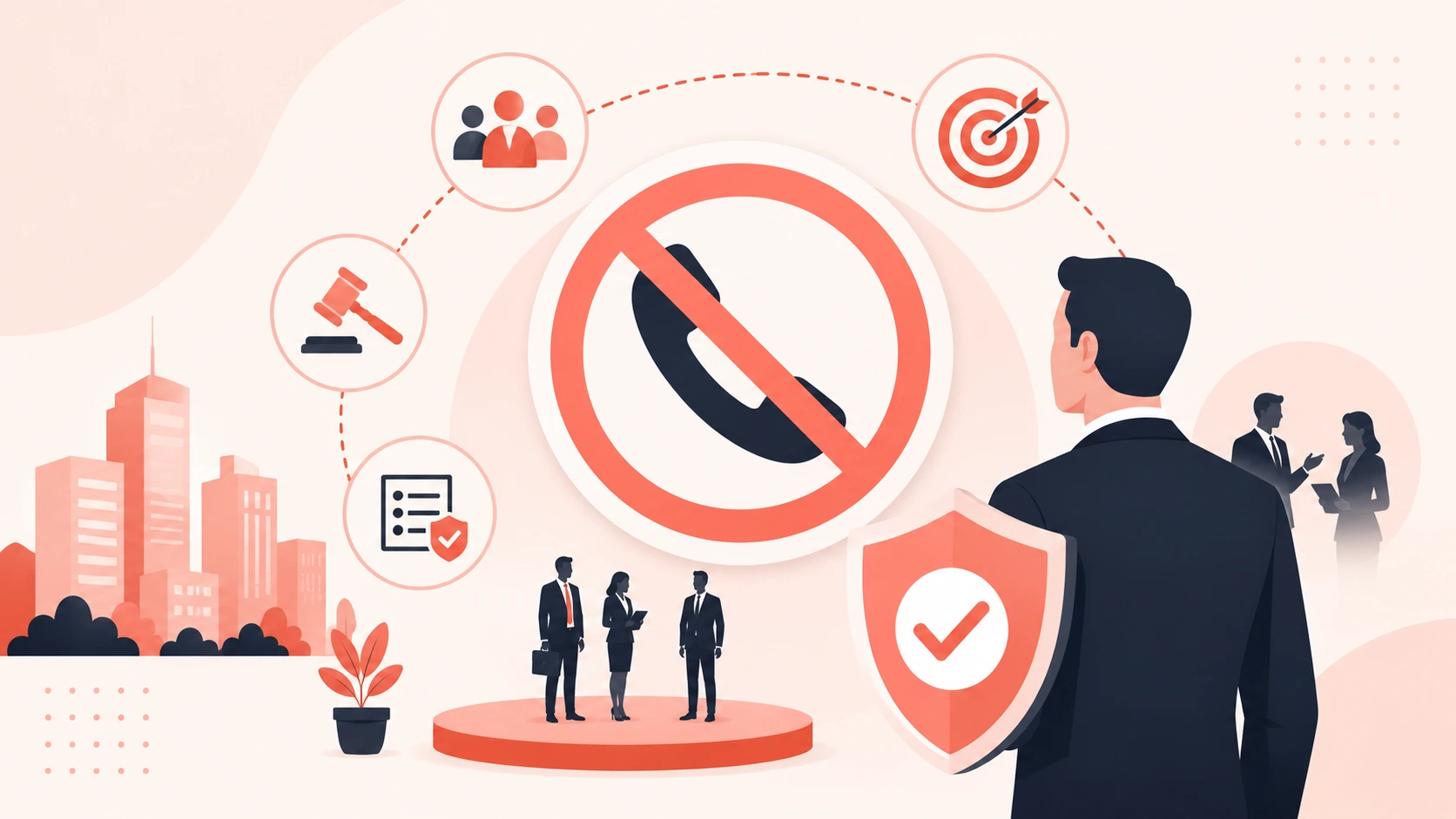 Illustration representing state do not call laws for B2B sales with compliance, restricted business calls, legal regulations, and sales outreach best practices.