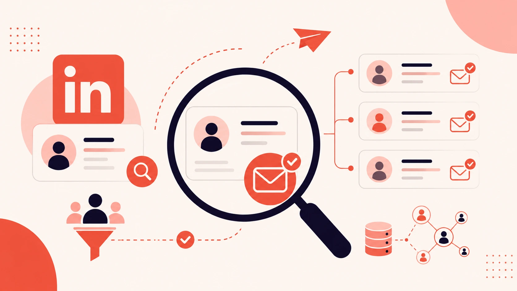 Illustration of the best LinkedIn email finder tools for prospecting featuring LinkedIn profile search, verified email lookup, contact enrichment, and B2B lead generation.