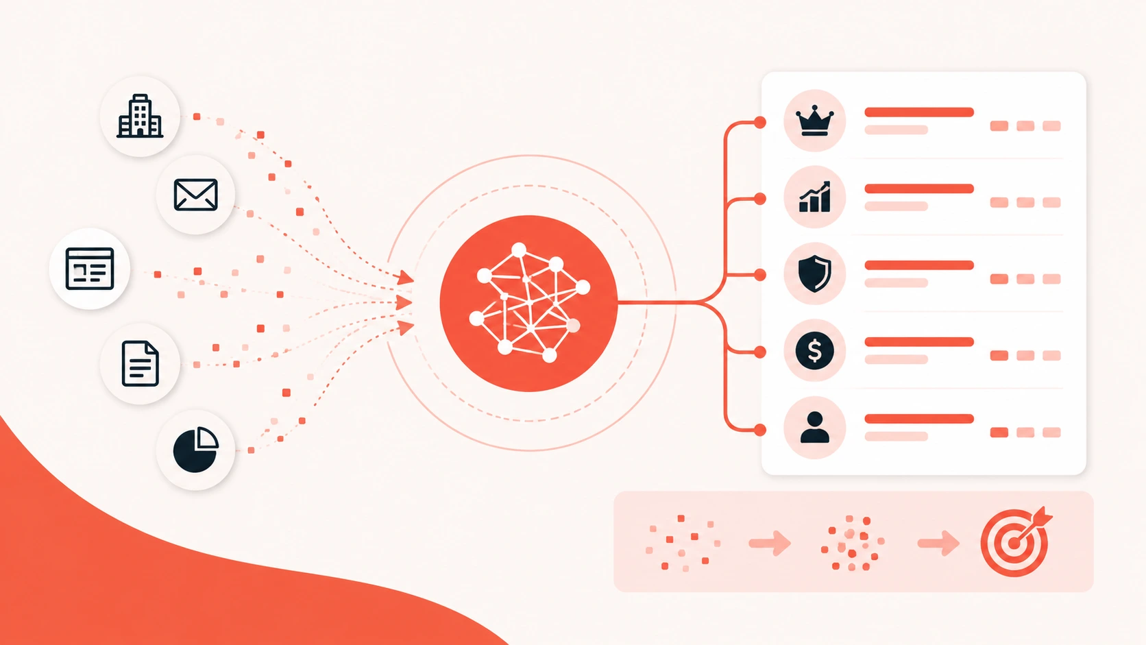 Illustration of buying group intelligence showing multiple buying signals, stakeholders, and data sources connected to a centralized intelligence hub for better B2B buying committee analysis and decision-making.