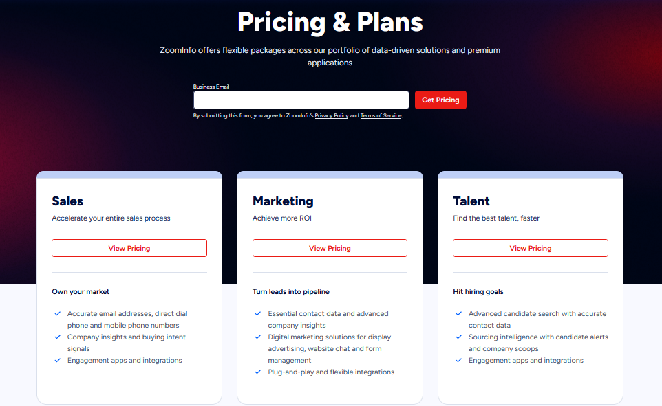 ZoomInfo pricing page screenshot
