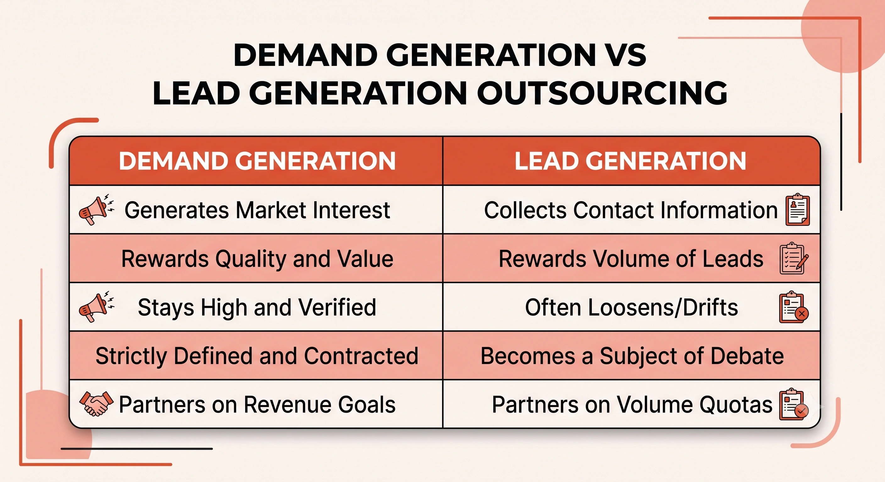 Demand generation outsourcing vs lead generation outsourcing comparison showing differences in demand creation, buyer interest, lead volume, and revenue focus.