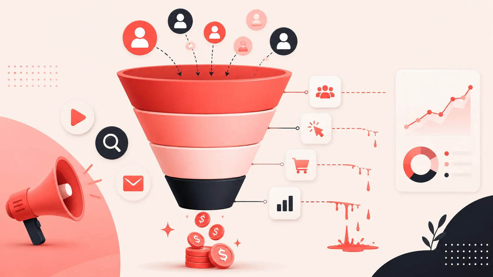 Abstract illustration of a customer acquisition funnel narrowing from many prospects at the top to a few customers at the bottom