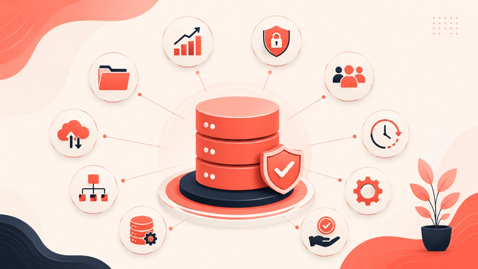 Advantages of DBMS illustrated with a central database, security, data recovery, analytics, and system management icons.