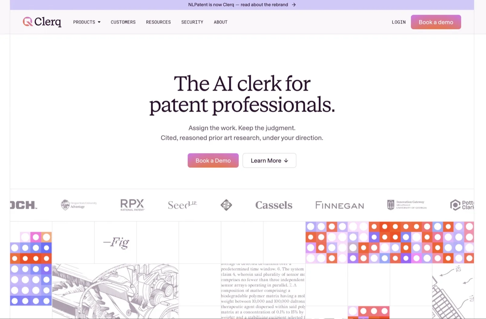 Clerq homepage — the AI clerk for patent professionals