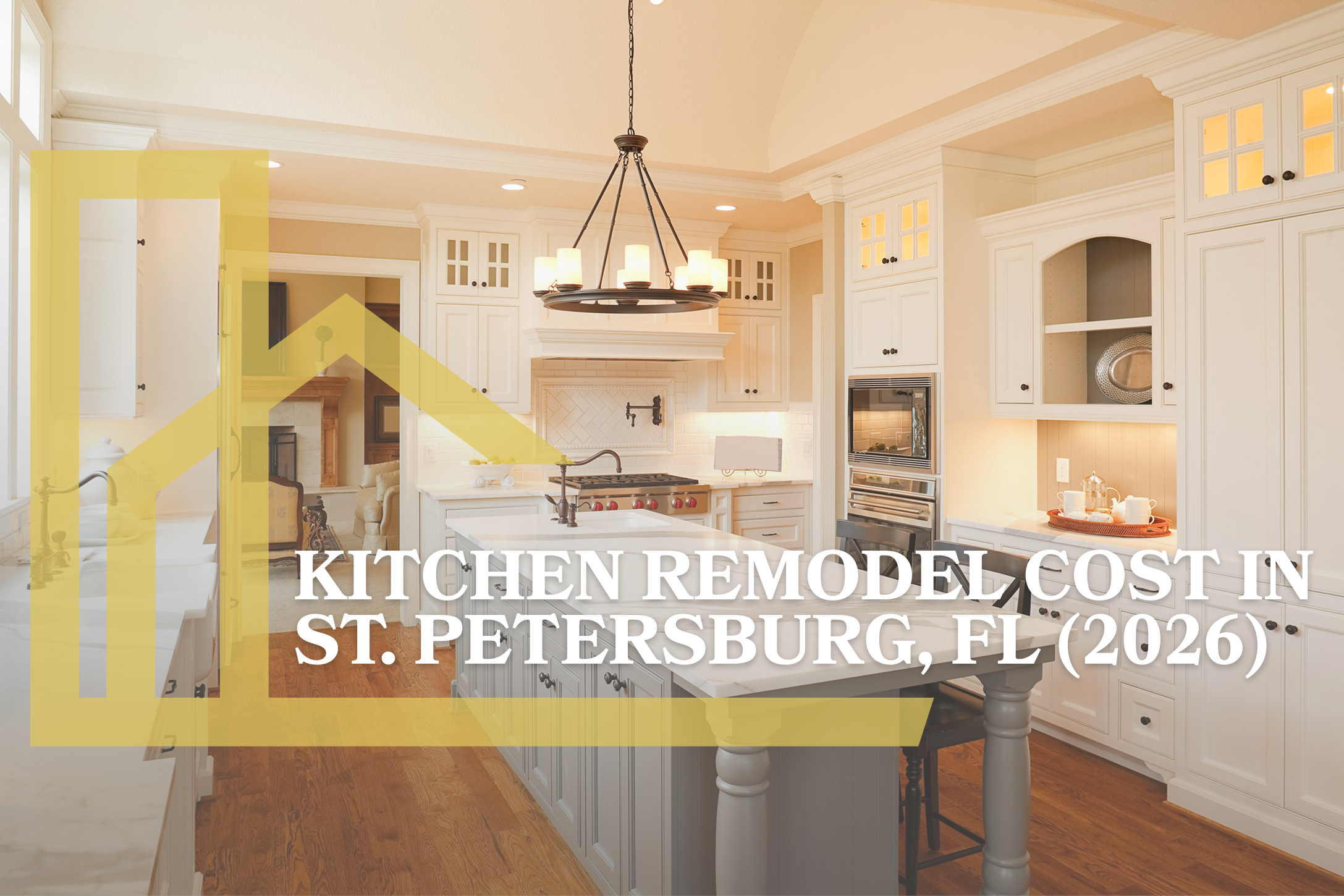 Graphic heading of Kitchen Remodel Cost In St. Petersburg, FL (2026) with logo. An elegant, traditional kitchen featuring creamy white cabinetry and a contrasting light grey island with decorative turned legs.