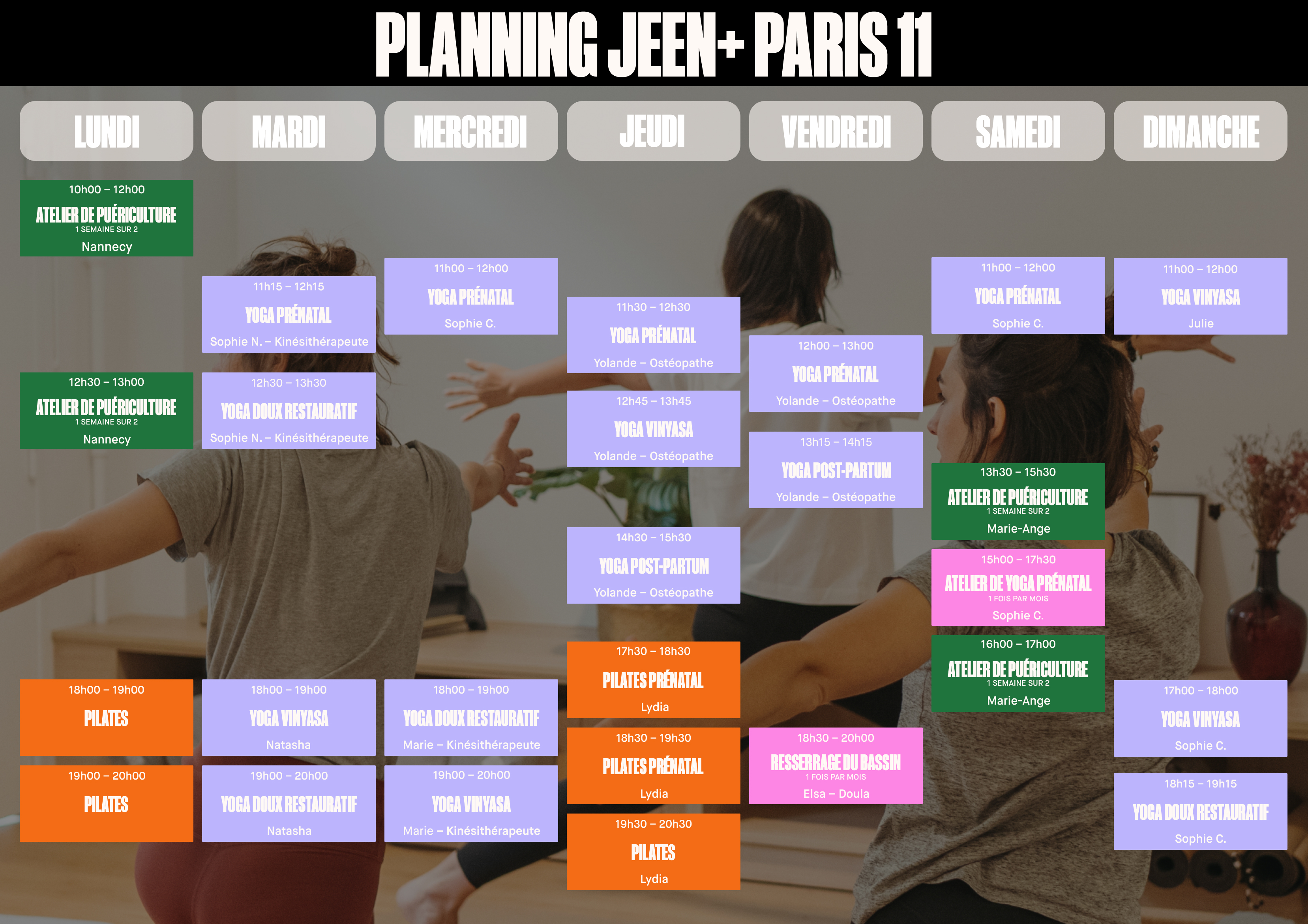 Découvrez nos cours de Pilates, nos cours de yoga, yoga Vinyasa, yoga prénatal, yoga post-partum à Paris 11ème arrondissement et aussi des pratiques complémentaires comme doula, hypnothérapeute, naturopathe, sophrologue