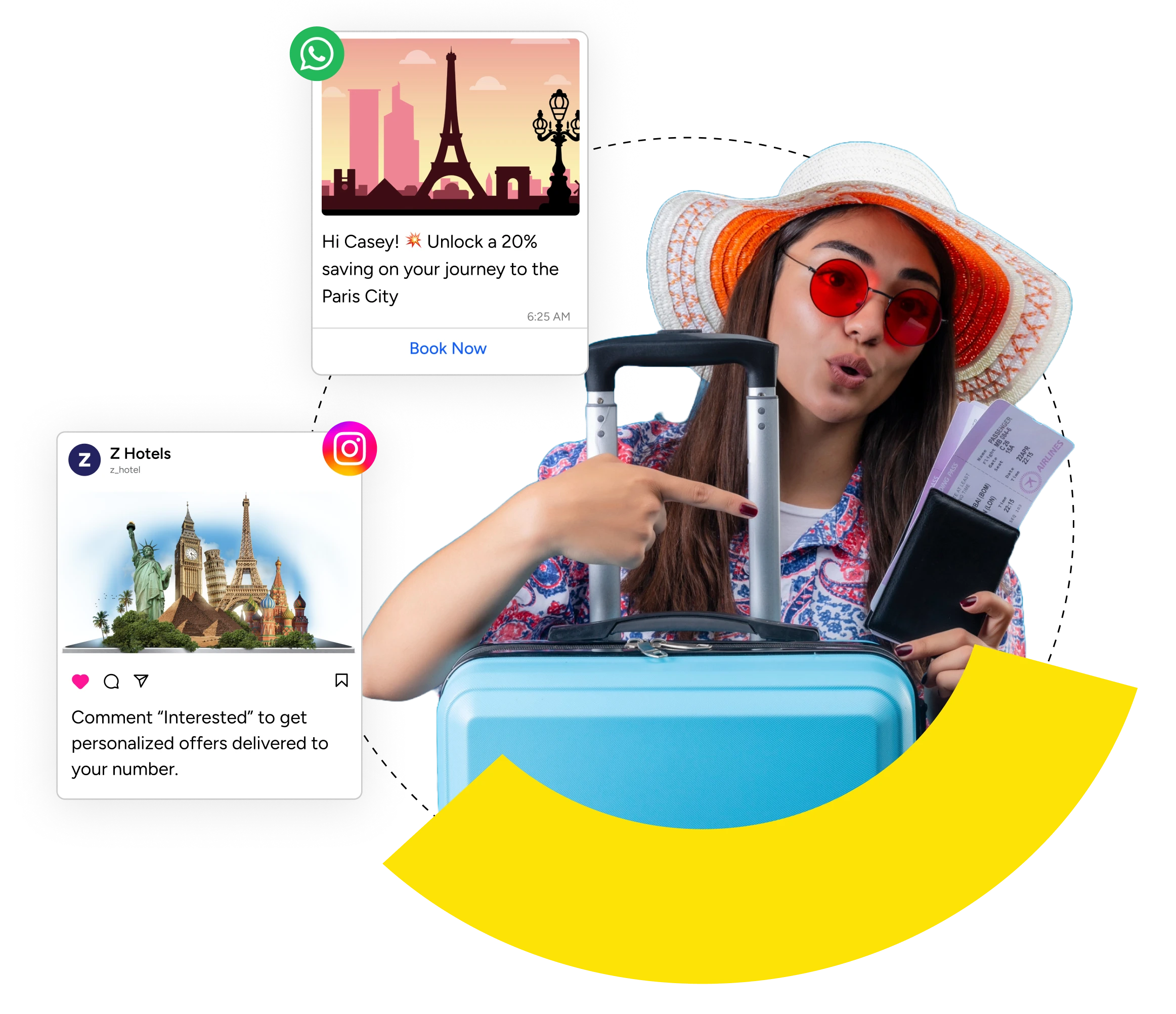 Traveler holding boarding passes beside a suitcase