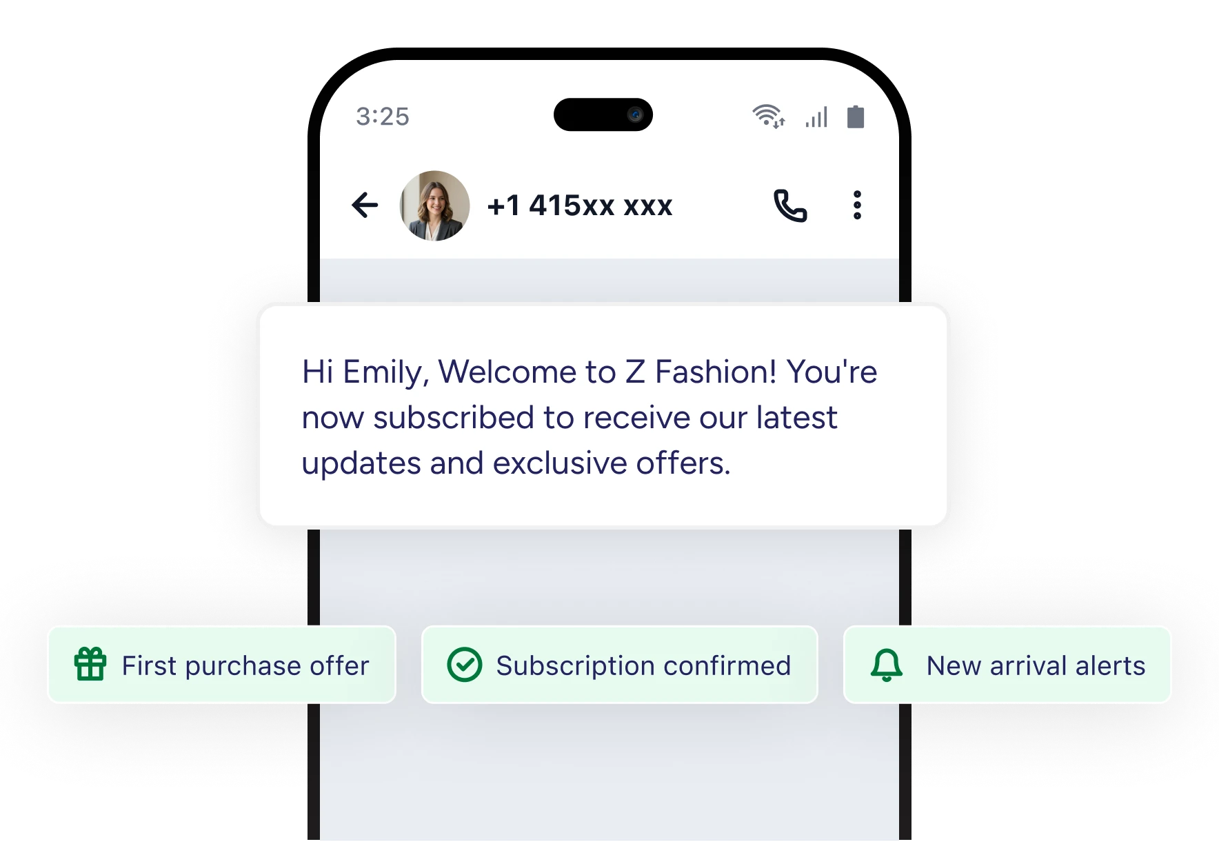 Welcome SMS on a phone with first purchase offer tags
