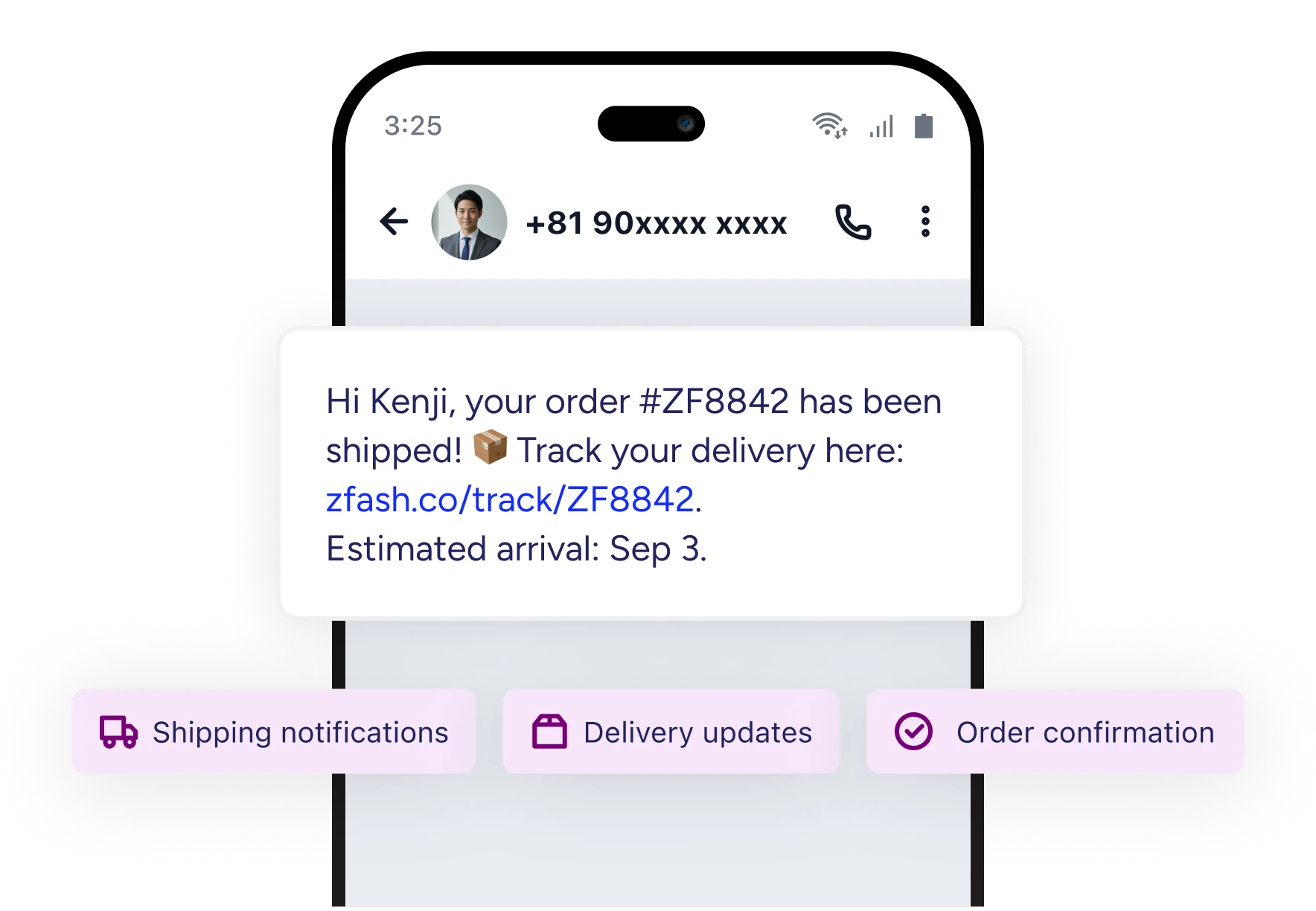Shipping update SMS on a phone