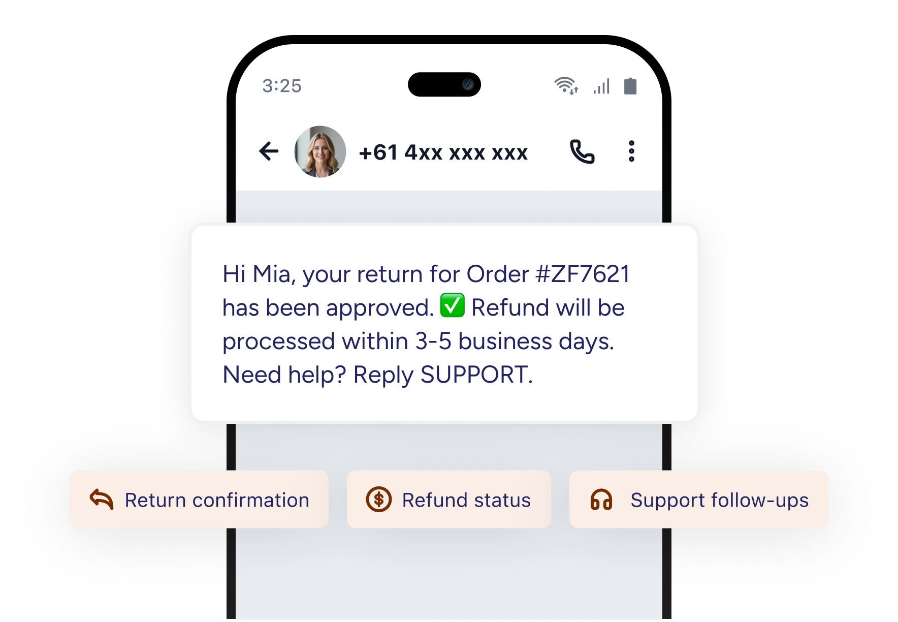 Refund status SMS on a phone