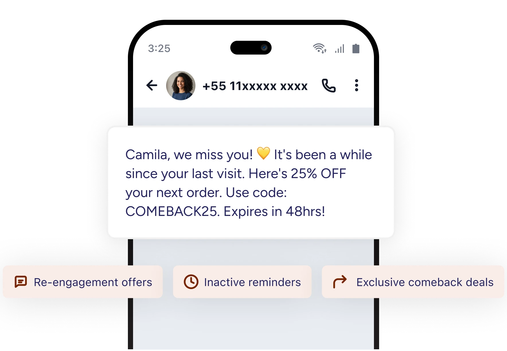 Win back discount SMS on a phone