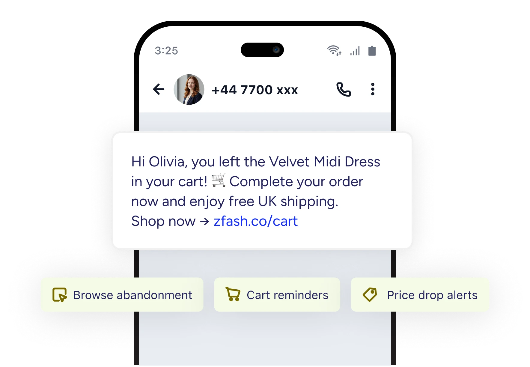 Abandoned cart reminder SMS on a phone