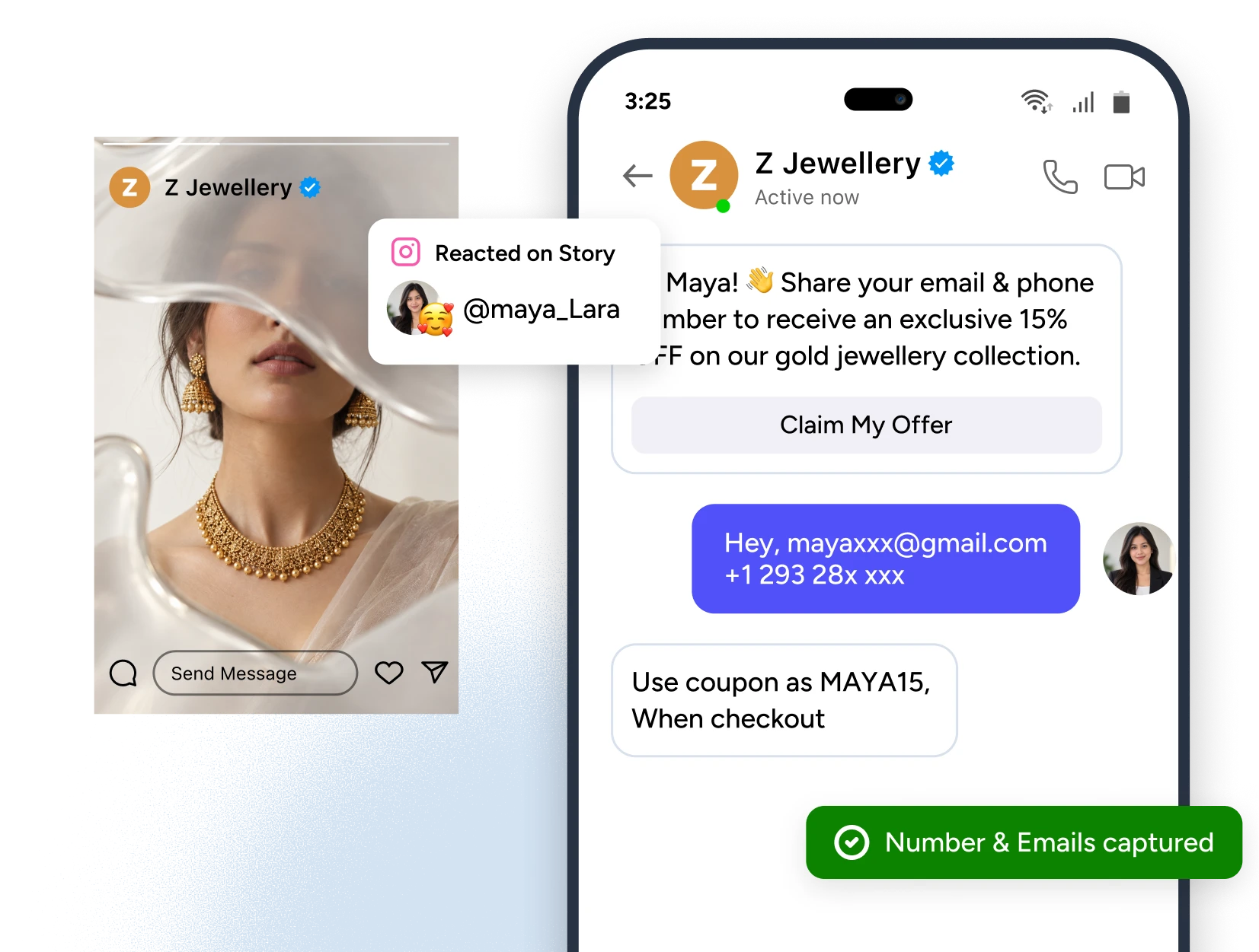 Instagram DM conversation where a story reply leads to the user sharing an email and phone number