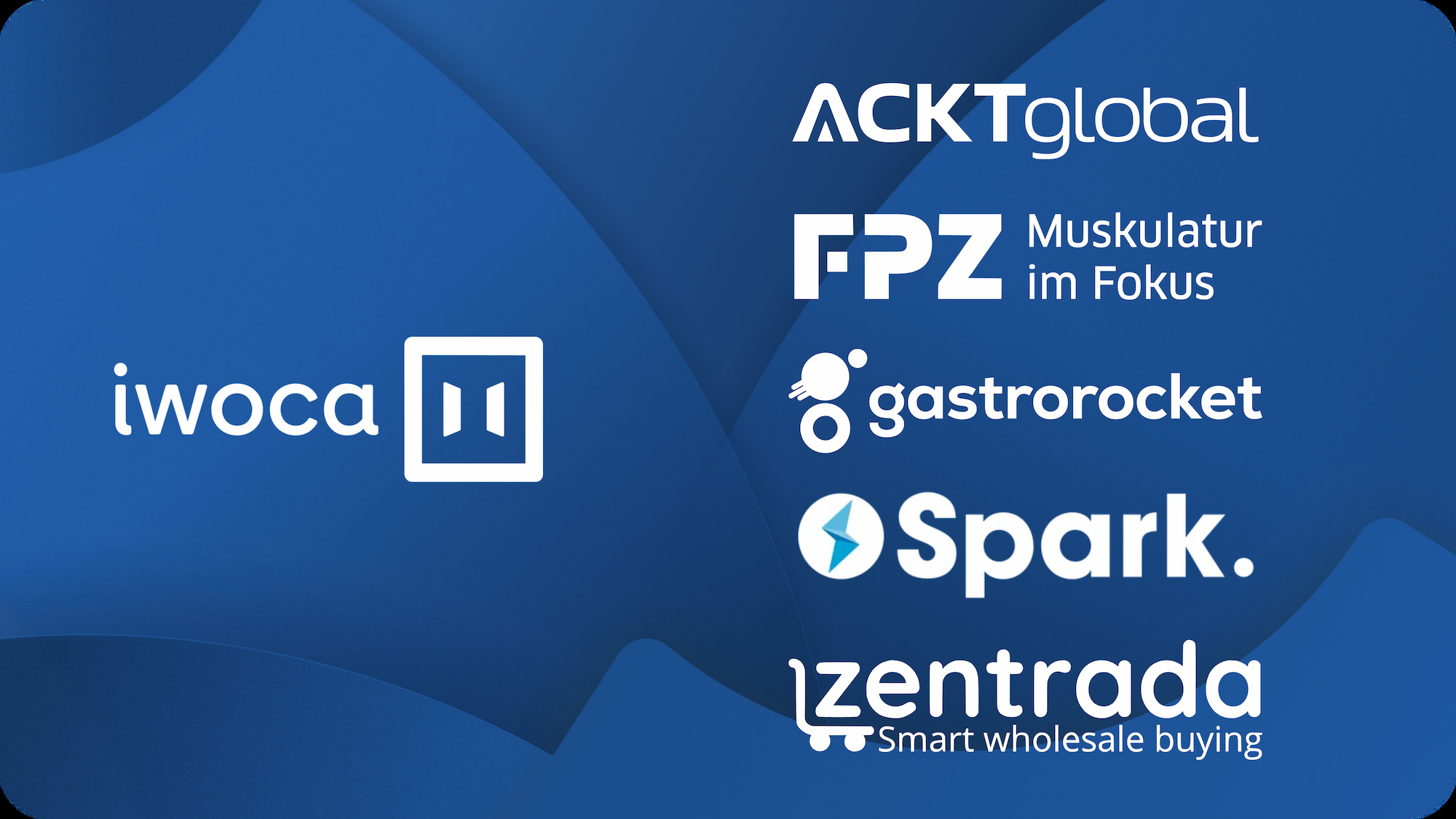 weißes iwoca logo mit 5 anderen Partner Logos auf blauem Hintergrund