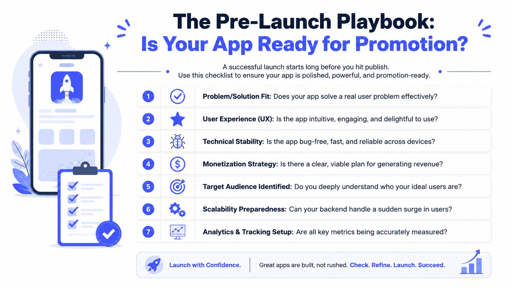 A checklist infographic titled The Pre-Launch Playbook outlining seven essential steps for mobile app promotion readiness.