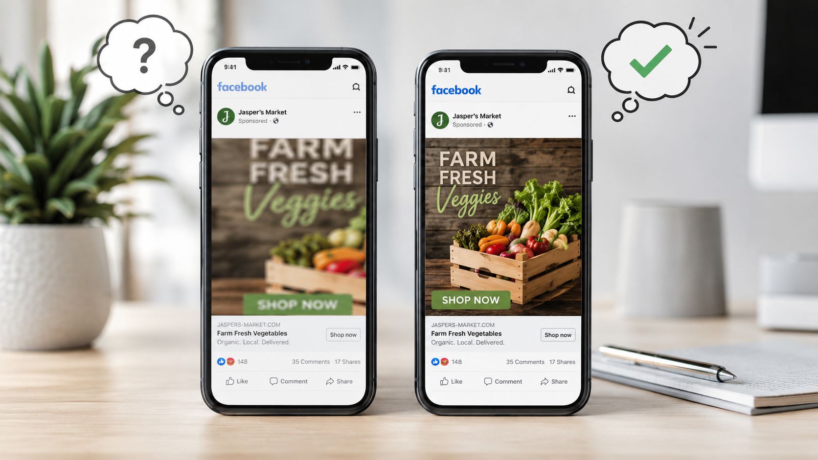 A comparison of two Facebook ads on smartphones showing a blurry versus a clear product image.