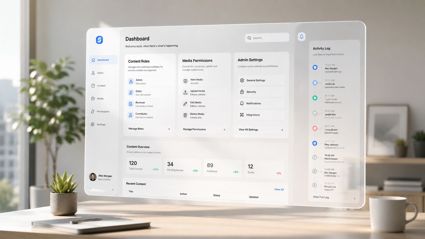 A modern dashboard interface displaying content management settings and activity logs on a translucent computer screen.