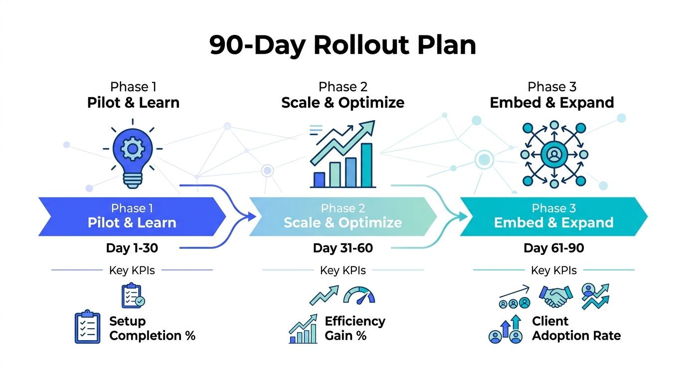 A 90-day rollout plan infographic showing three progressive phases with timelines and key performance indicators.