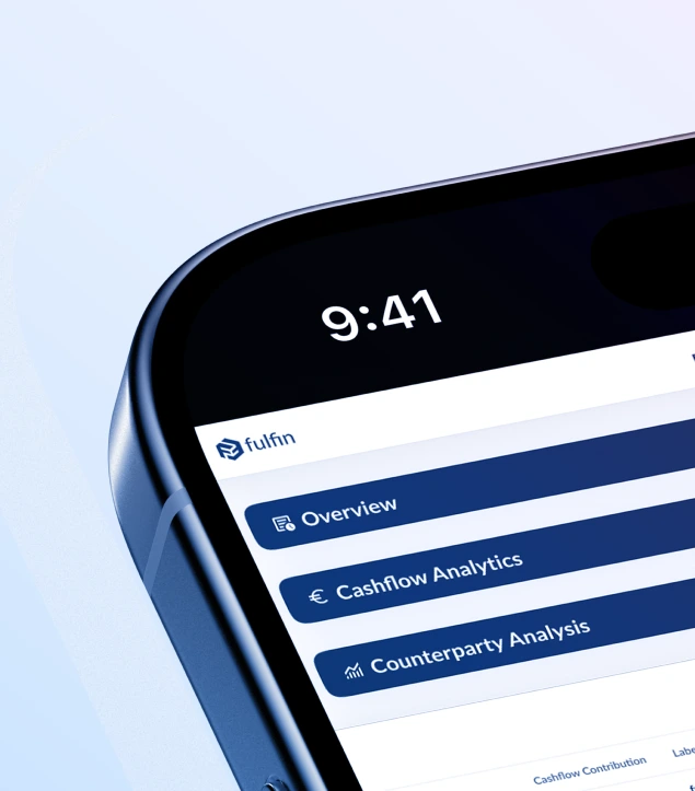 Close-up of the FulFin mobile dashboard interface showing navigation tabs for Overview, Cashflow Analytics, and Counterparty Analysis. Represents financial management app UI for tracking business performance and risk insights.
