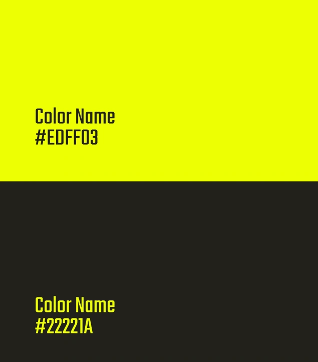 Aaroha’s signature color palette featuring neon yellow (#EDFF03) and deep charcoal (#22221A). The contrast embodies the brand’s philosophy—bright optimism grounded in earthy authenticity. These hues create strong visual recall across digital platforms while reflecting Aaroha’s fusion of contemporary design and handcrafted tradition.
