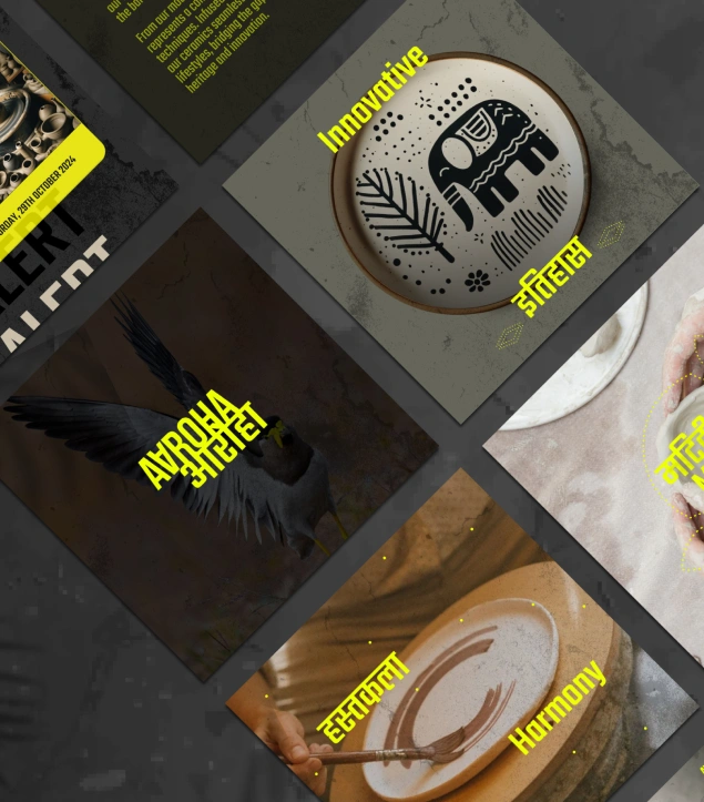 Aaroha’s modular social media grid designed to blend heritage and modern craft storytelling. The layout uses earthy textures, traditional motifs, and bold typography in yellow accents to spotlight themes like innovation, harmony, and craftsmanship—reflecting the brand’s philosophy of finding beauty in balance and imperfection.