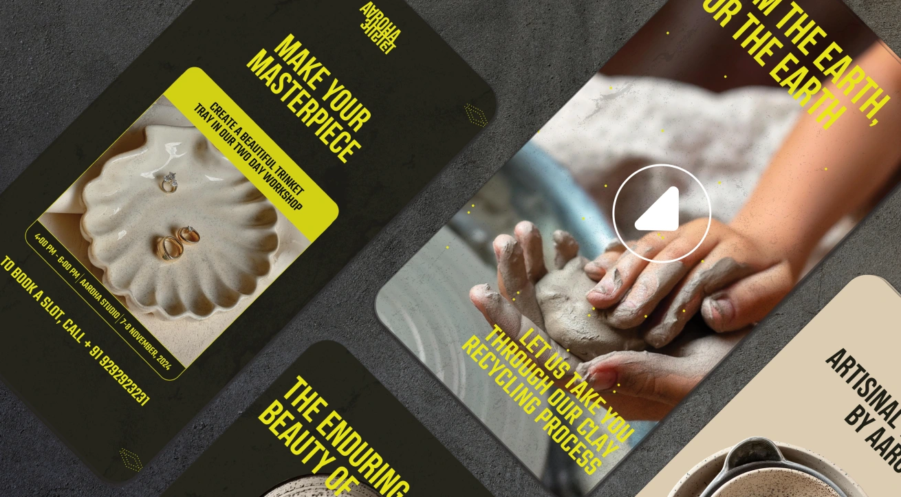 A set of Aaroha social media templates featuring pottery-making visuals that capture the tactile and grounding essence of clay. The compositions highlight earthy textures, handcrafted bowls, and artisan hands in motion, paired with text emphasizing mindfulness, creativity, and sustainability in pottery craftsmanship.
