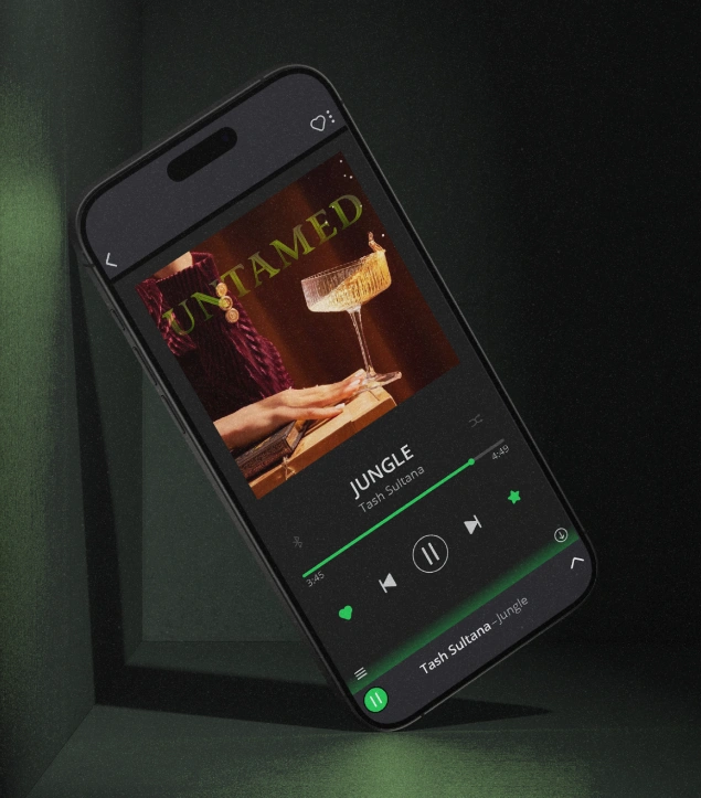 A smartphone displaying a Spotify screen featuring the song ‘Jungle’ by Tash Sultana with the Untamed Gin branding on the album art, symbolizing the brand’s connection to music, nightlife, and a wild, sensory drinking experience rooted in creative self-expression