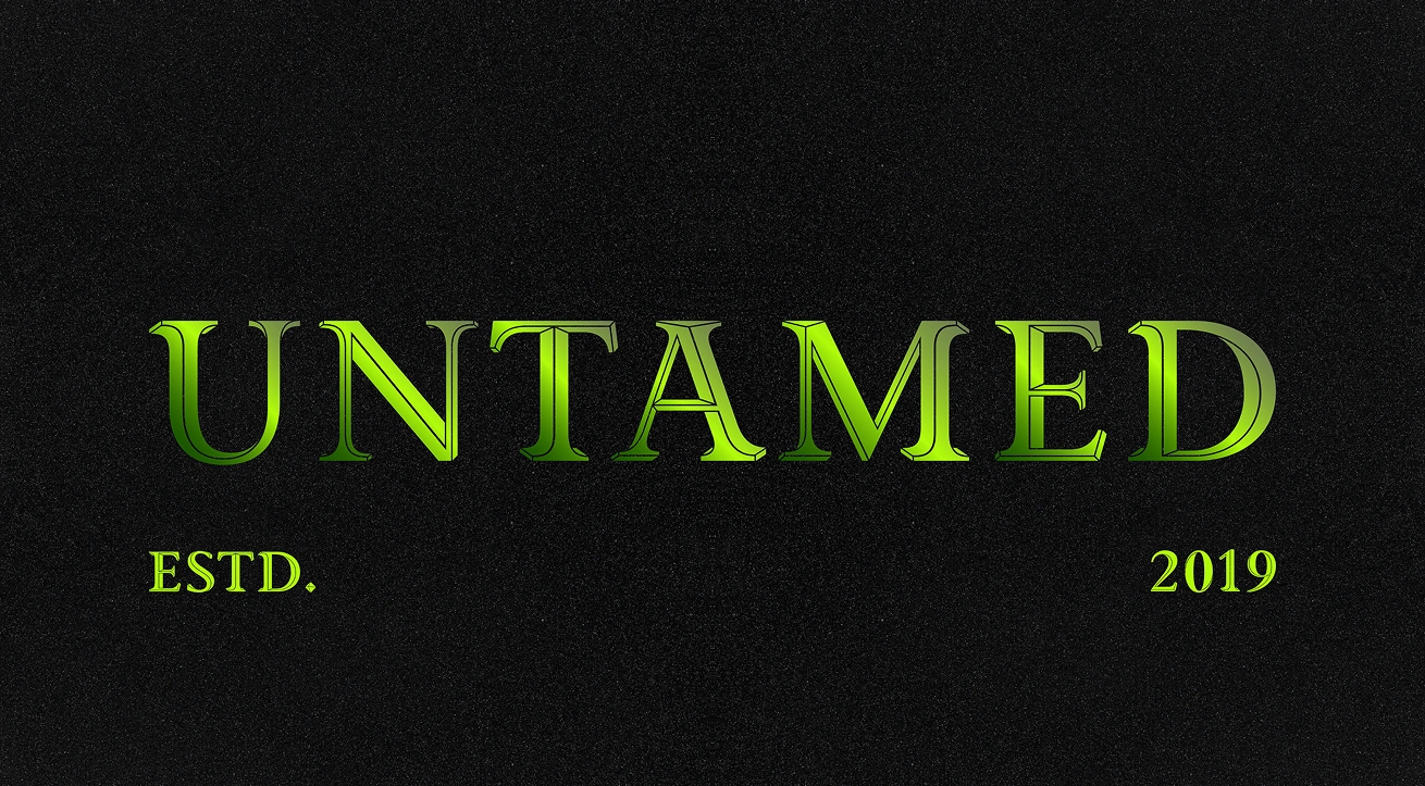 Wordmark logo design for Untamed Gin by Dot and Grid – metallic green serif typography on a dark textured background, crafted as part of a premium alcohol branding and packaging system for a luxury craft gin label.