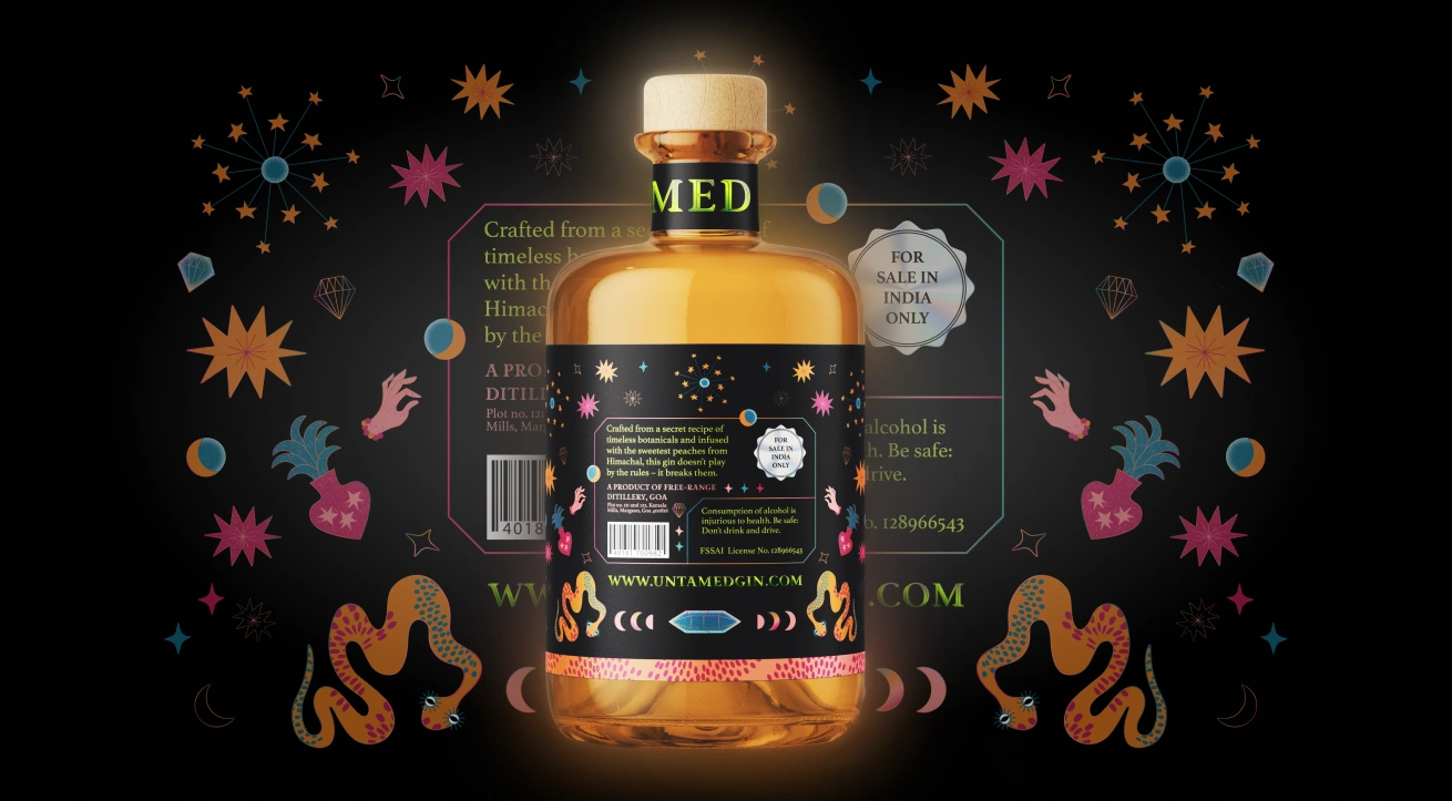 Alcohol packaging design for Untamed Gin by Dot and Grid – detailed back label featuring mystical characters, animals, and celestial elements. Created for a premium gin bottle with handcrafted illustration and high-end beverage branding
