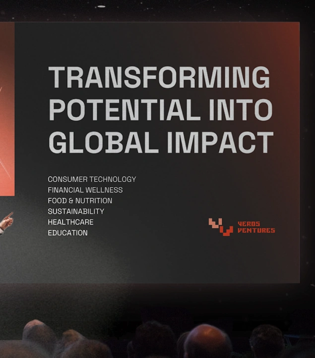 Brand keynote slide design for Veros Ventures by Dot and Grid – bold typography stating ‘Transforming Potential into Global Impact’ with sector focus list and V monogram, representing strategic brand messaging and visual communication for a global venture capital firm