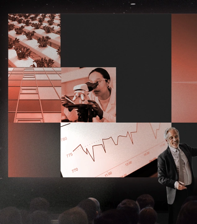 Visual storytelling layout for Veros Ventures by Dot and Grid – modular collage featuring scientific research, sustainable agriculture, architecture, and financial growth charts, illustrating the firm’s investment focus across innovation, sustainability, and emerging markets.