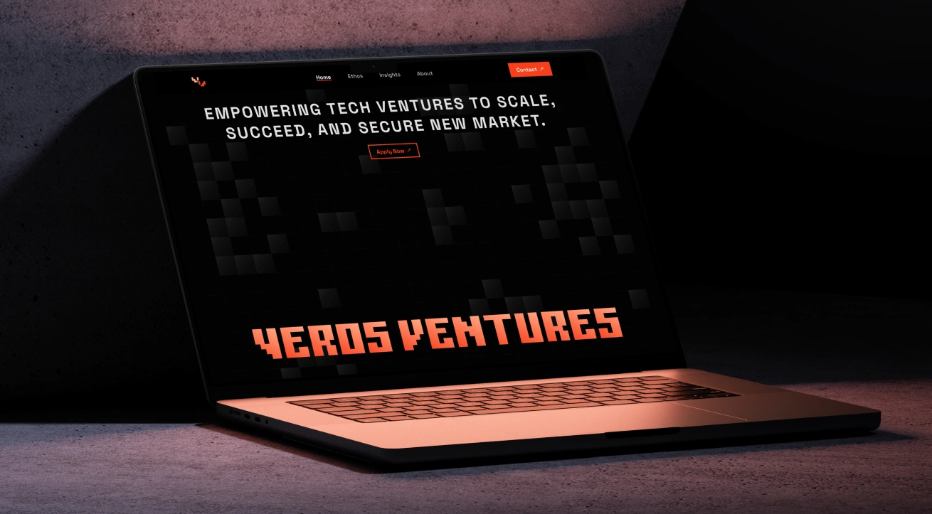 Website design for Veros Ventures by Dot and Grid – high-contrast digital interface with bold typography and pixel-based graphic system, communicating a visionary, tech-forward brand identity for a global venture capital firm empowering scalable innovation