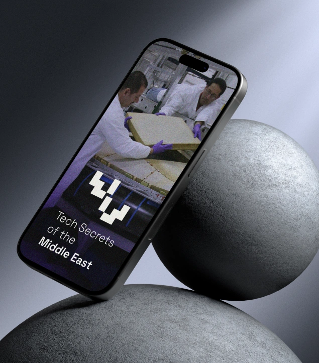 Digital campaign design for Veros Ventures by Dot and Grid – smartphone mockup displaying feature article ‘Tech Secrets of the Middle East’ with geometric V logo, representing a sophisticated, tech-driven brand identity for a global venture capital firm.