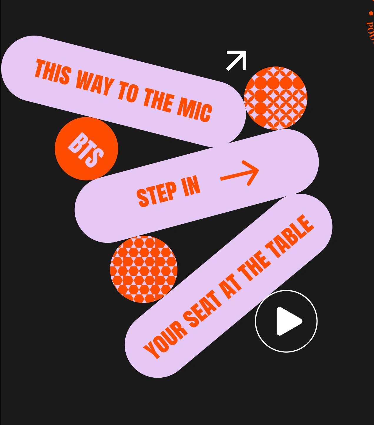 Interactive web element for Melting Pot Podcast designed with playful, curved lilac navigation bars and bold orange typography. The layout invites user engagement with phrases like “Step In” and “Your Seat at the Table,” reflecting the brand’s inclusive, conversational, and dynamic storytelling ethos.