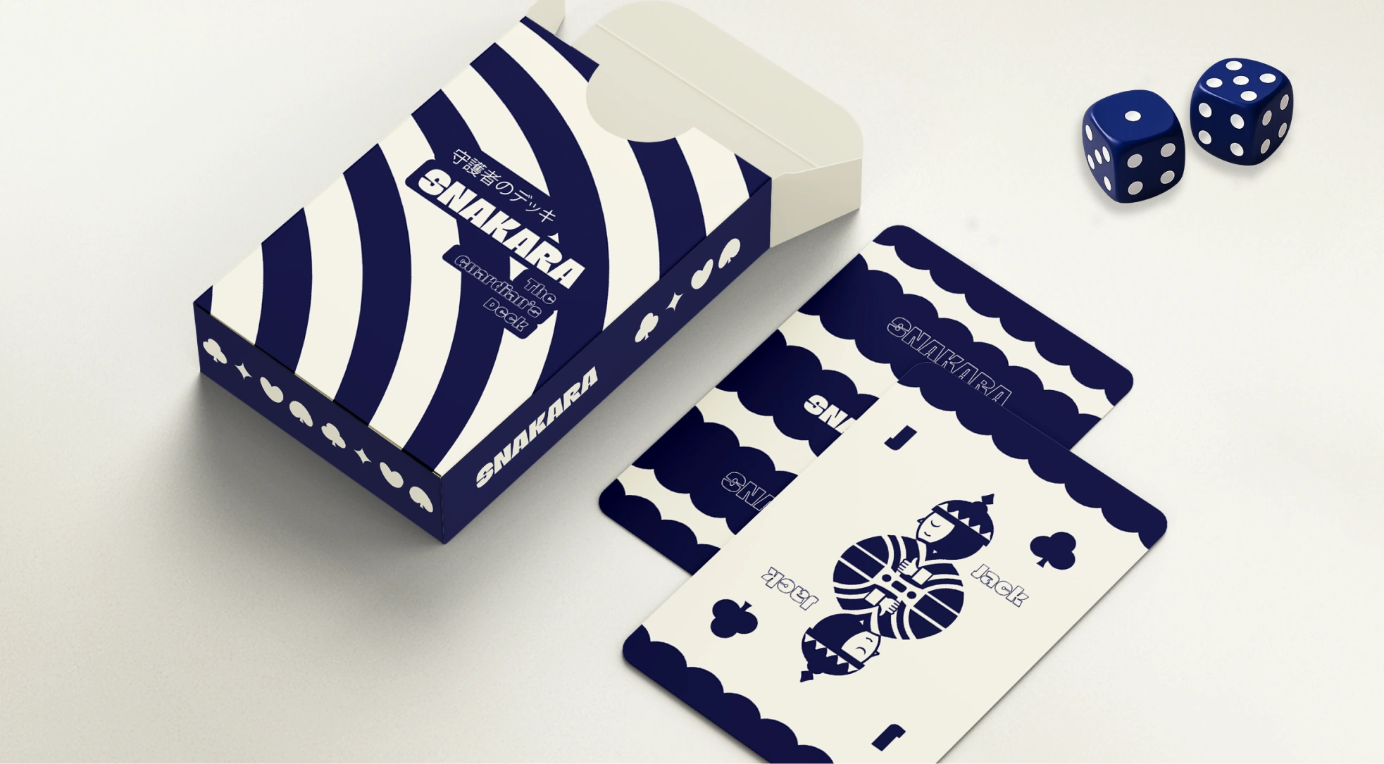 This image showcases **Snakara’s “The Guardian’s Deck”**, a clever brand collateral that turns a simple deck of cards into a storytelling device. Designed in Snakara’s signature navy and cream palette, the set features the brand’s iconic Samurai mascot reimagined as a playing-card character — disciplined, calm, and watchful.

The bold curves and geometric motifs mirror the packaging system, while the clean typography and minimal layout reinforce the brand’s modern sensibility. The tagline *“The Guardian’s Deck”* subtly ties back to Snakara’s ethos — mindful snacking guided by focus and control. It’s an inventive fusion of play and philosophy, turning even a deck of cards into an emblem of the brand’s identity and sharp design thinking.
