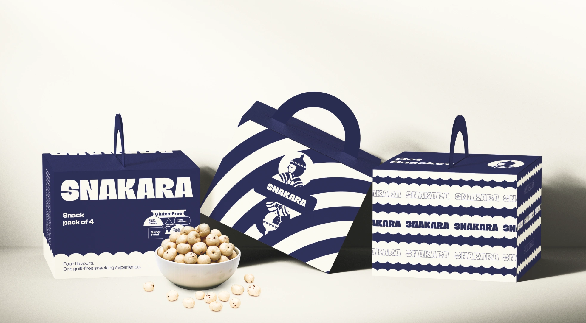 This image captures Snakara’s **packaging lineup** — a visual symphony of navy and cream that turns everyday snacking into a ritual of mindfulness. Each box features clean typography, balanced geometry, and the signature Samurai icon, reinforcing the brand’s ethos of protection, focus, and conscious consumption.

The design blends **discipline with delight**: bold stripes suggest motion and confidence, while rounded motifs bring warmth and approachability. The structured handles and stackable forms make the packs practical yet collectible.

In essence, this isn’t just packaging — it’s brand storytelling in three dimensions. Snakara positions itself as **the guardian of guilt-free snacking**, combining taste, health, and thoughtful design into one cohesive visual language.
