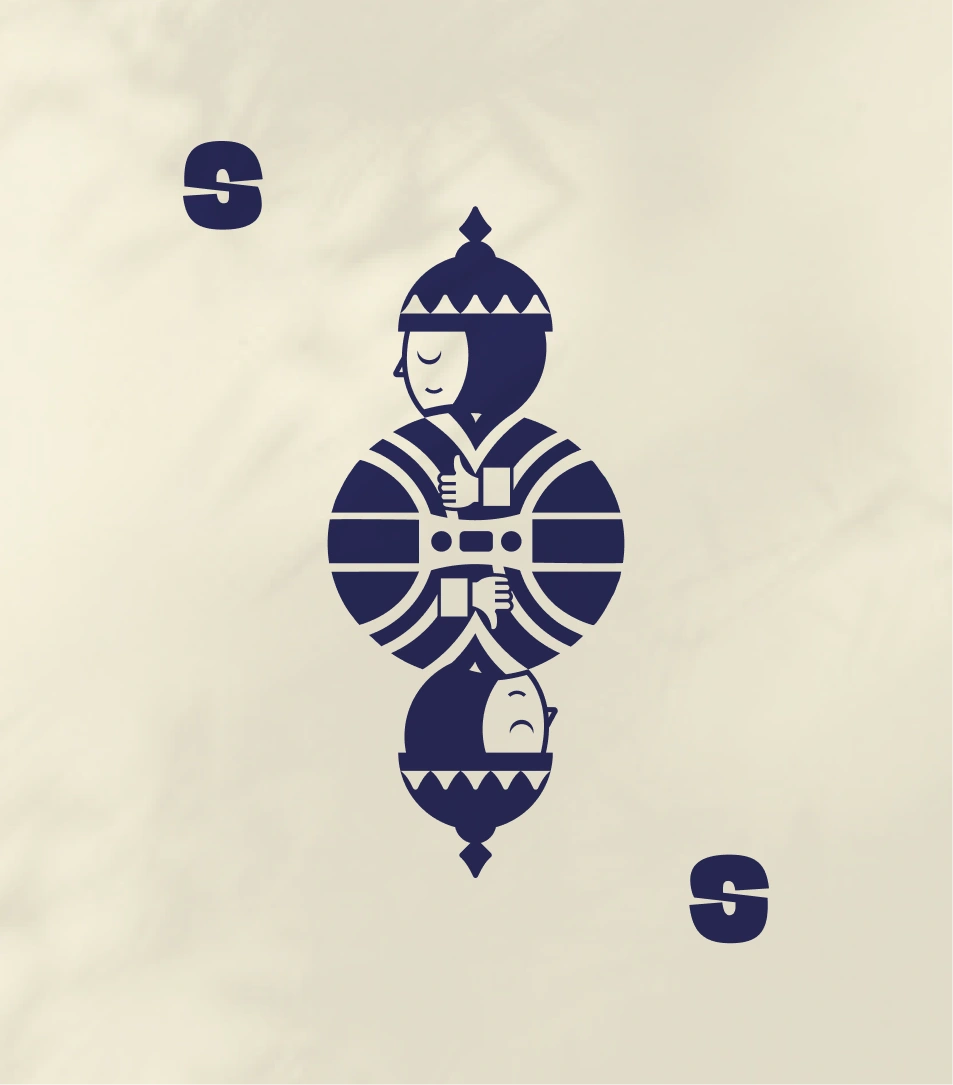 This image displays **Snakara’s brand mascot — the Snakara Samurai** — illustrated in a mirrored, minimal form. Rendered in bold navy blue against a soft cream background, the design captures balance, mindfulness, and duality — the calm guardian above and the reflective counterpart below. The symmetry and geometric lines evoke discipline and strength, mirroring the brand’s philosophy of mindful indulgence. The stylized “S” monogram on either side frames the mascot, reinforcing brand identity with simplicity and precision.

This artwork encapsulates Snakara’s core ethos — *the guardian of healthy snacking* — blending traditional symbolism with a modern, minimal aesthetic that’s instantly recognizable and deeply meaningful.
