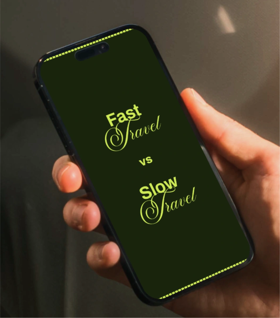 Social post visual contrasting *Fast Travel vs Slow Travel*. Designed to spark reflection on mindful tourism and sustainability through minimalist typography and eco-toned aesthetics.

