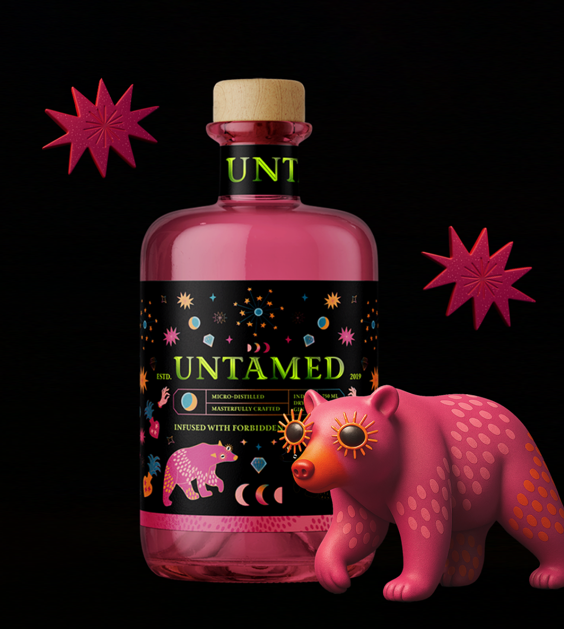 Untamed gin brand identity for a Goan craft label, aimed at young urban drinkers; festival-inspired packaging and mascot with a bold, adventurous tone.