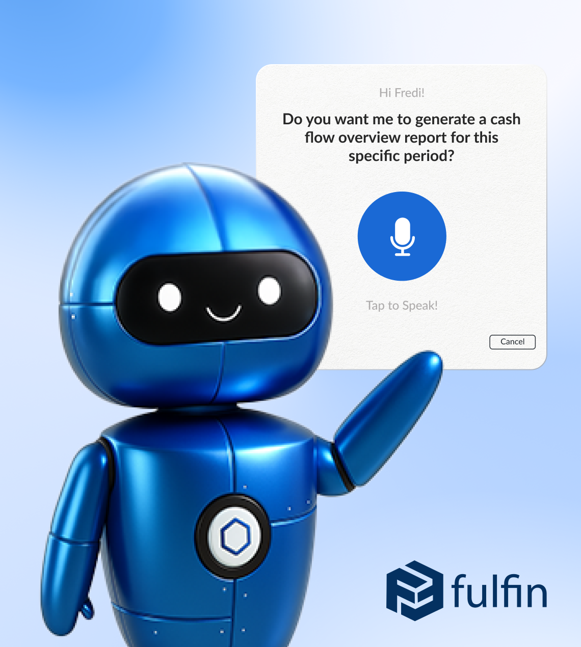 SME lending platform demo of an AI finance assistant that creates cash-flow reports. Dot and Grid designed the conversational UI, core product flows and mascot-led visual assets for the demo and marketing.