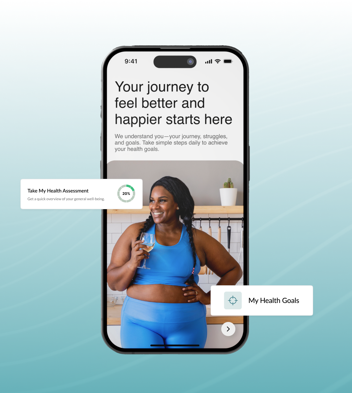 AI Health Solutions is an app inviting users to begin a personalized health journey, take a quick health assessment, and set trackable health goals.